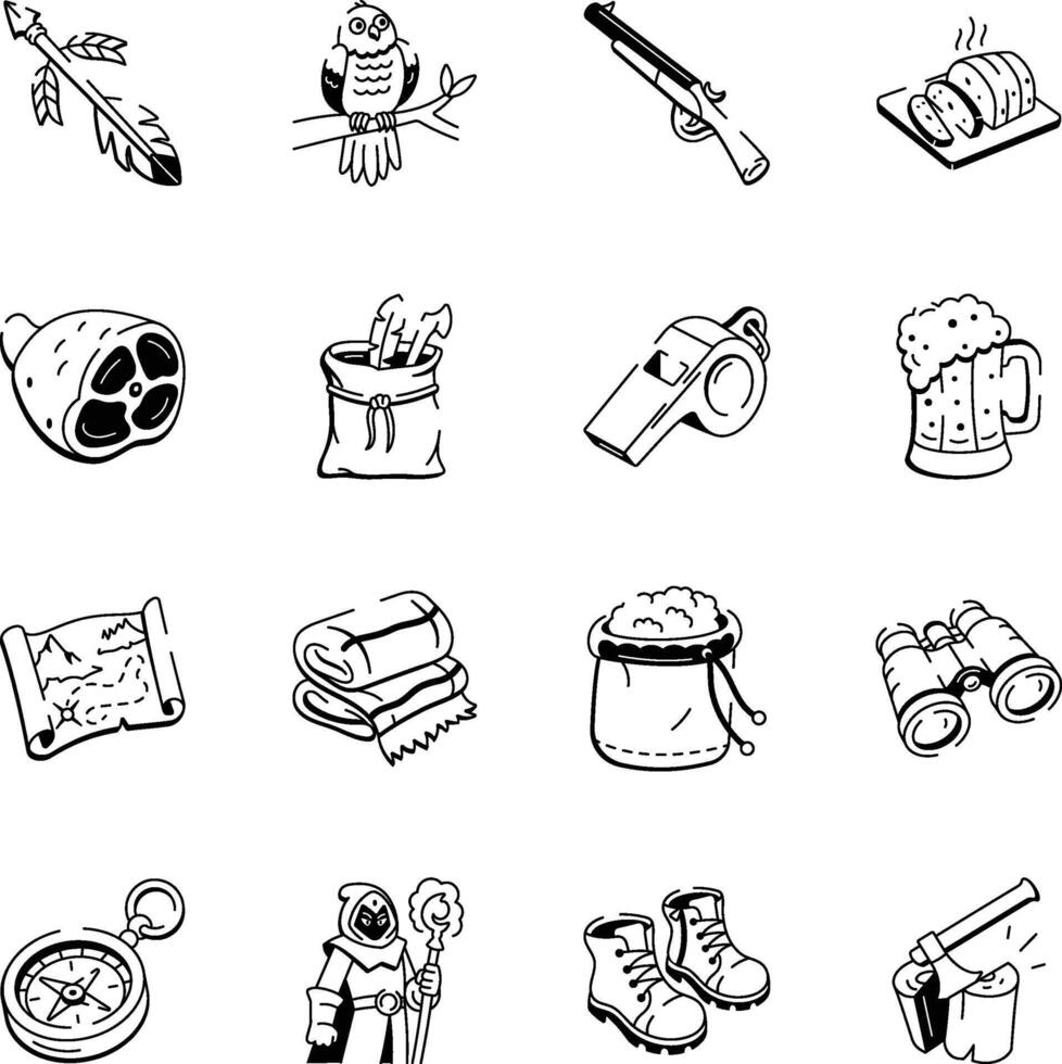 Pack of Hunting Accessories Drawing Style Icons vector