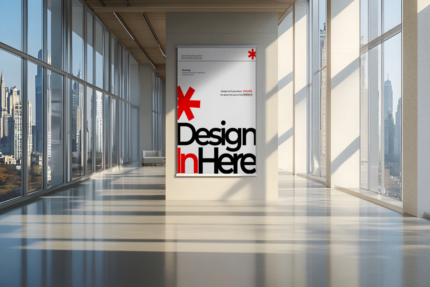 Vertical Banner Mockup in a Bright Office Corridor psd
