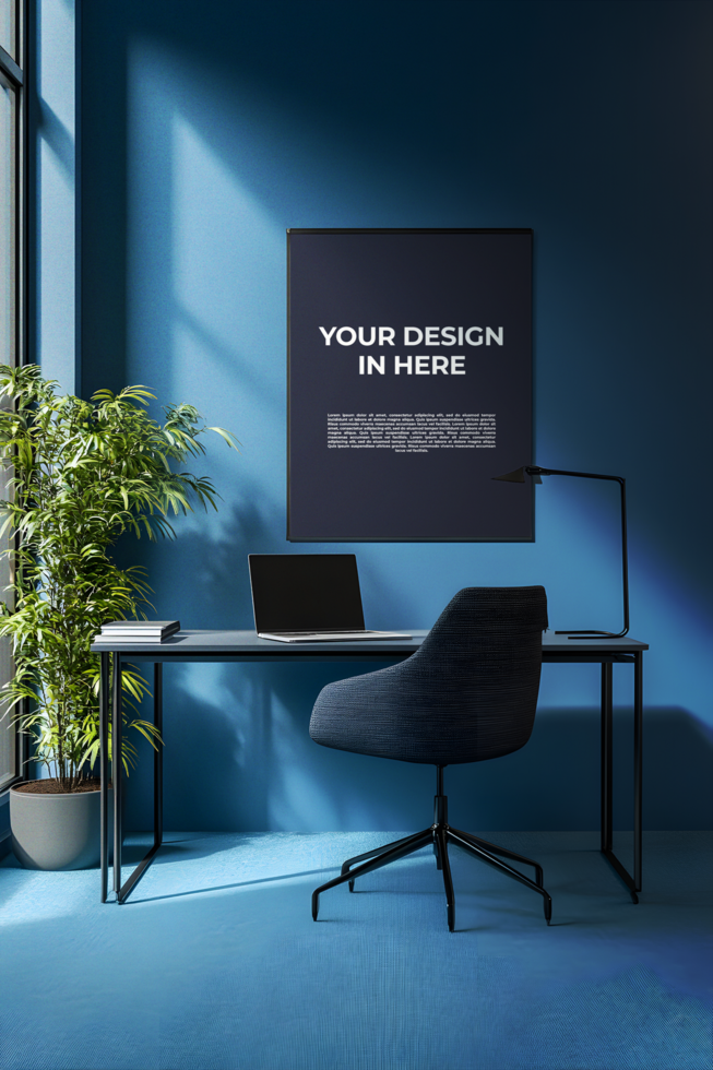 Moody Home Office with Framed Poster Mockup psd