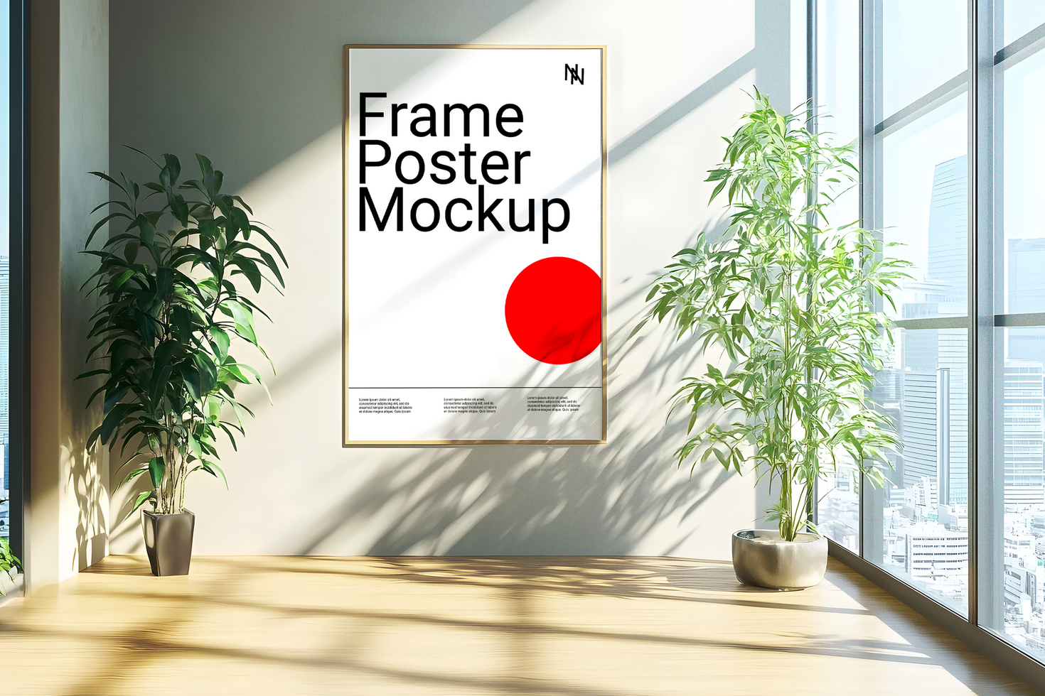 Interior Poster Mockup with Potted Plants psd