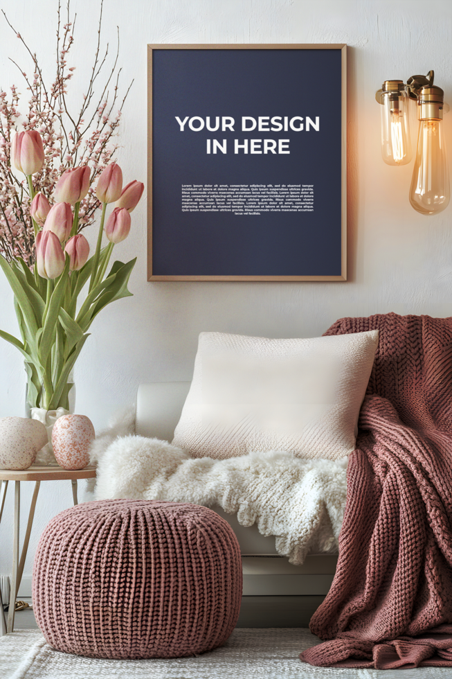 Cozy Reading Nook with Pink Decor and Poster Mockup psd