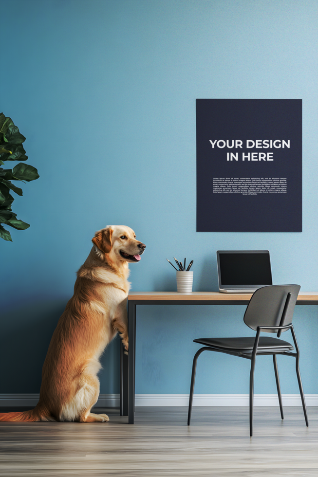 Home Office Poster Mockup with Golden Retriever Dog psd
