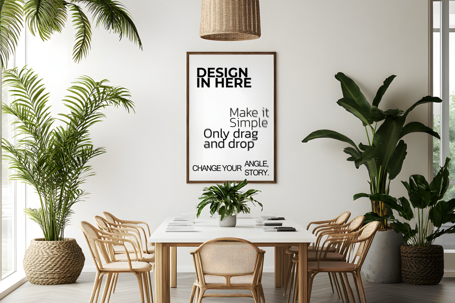 Dining Room Poster Mockup with Bohemian Decor psd