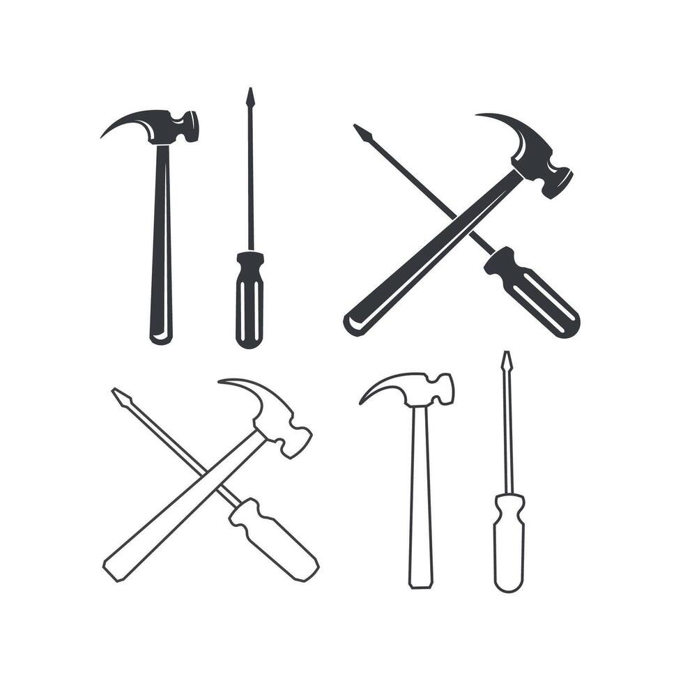 set of tool hammer and screwdriver monochrome design template vector
