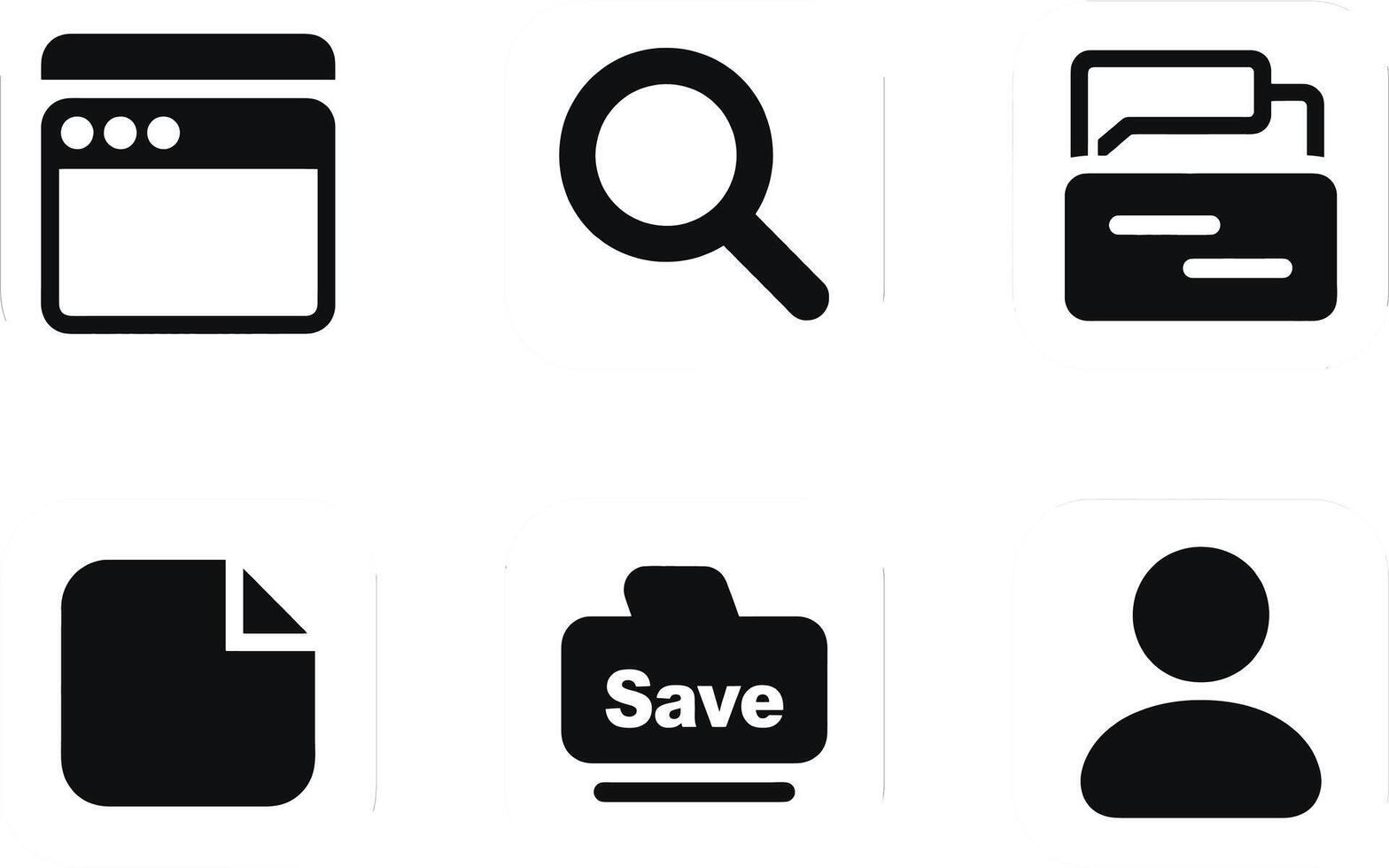 A set of black and white icons that include a magnifying glass, a folder, a file vector