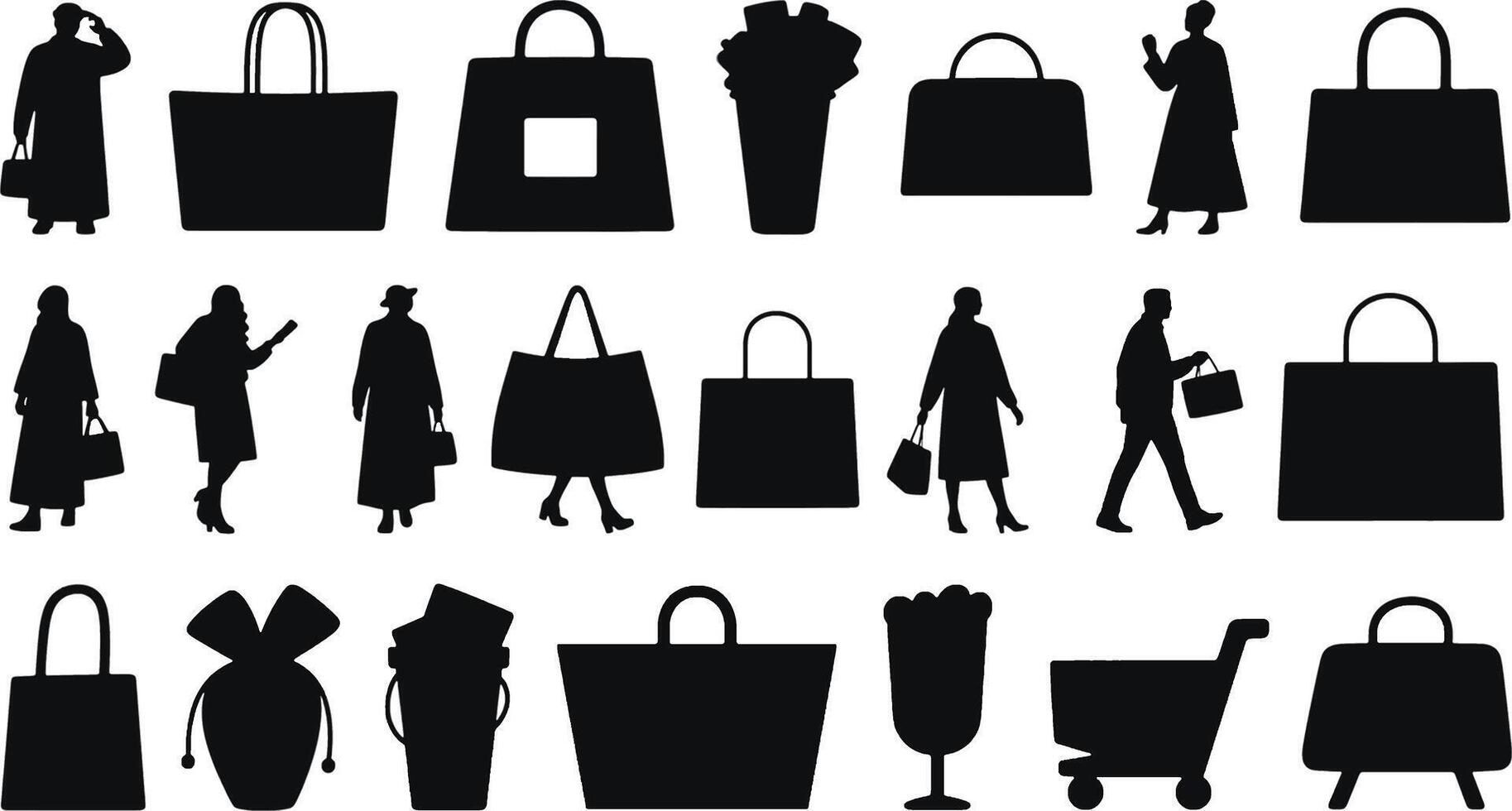 Silhouettes of people carrying shopping bags and bags vector