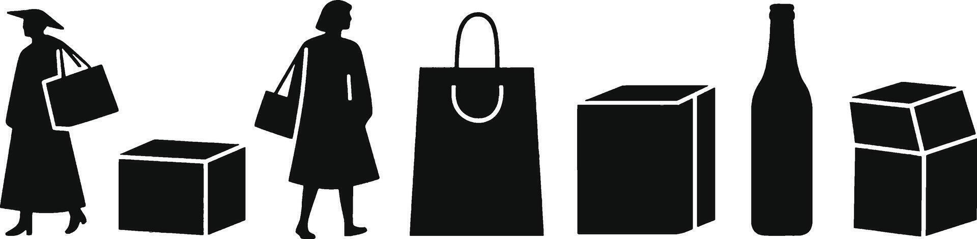 Silhouettes of people standing in front of boxes and bags vector