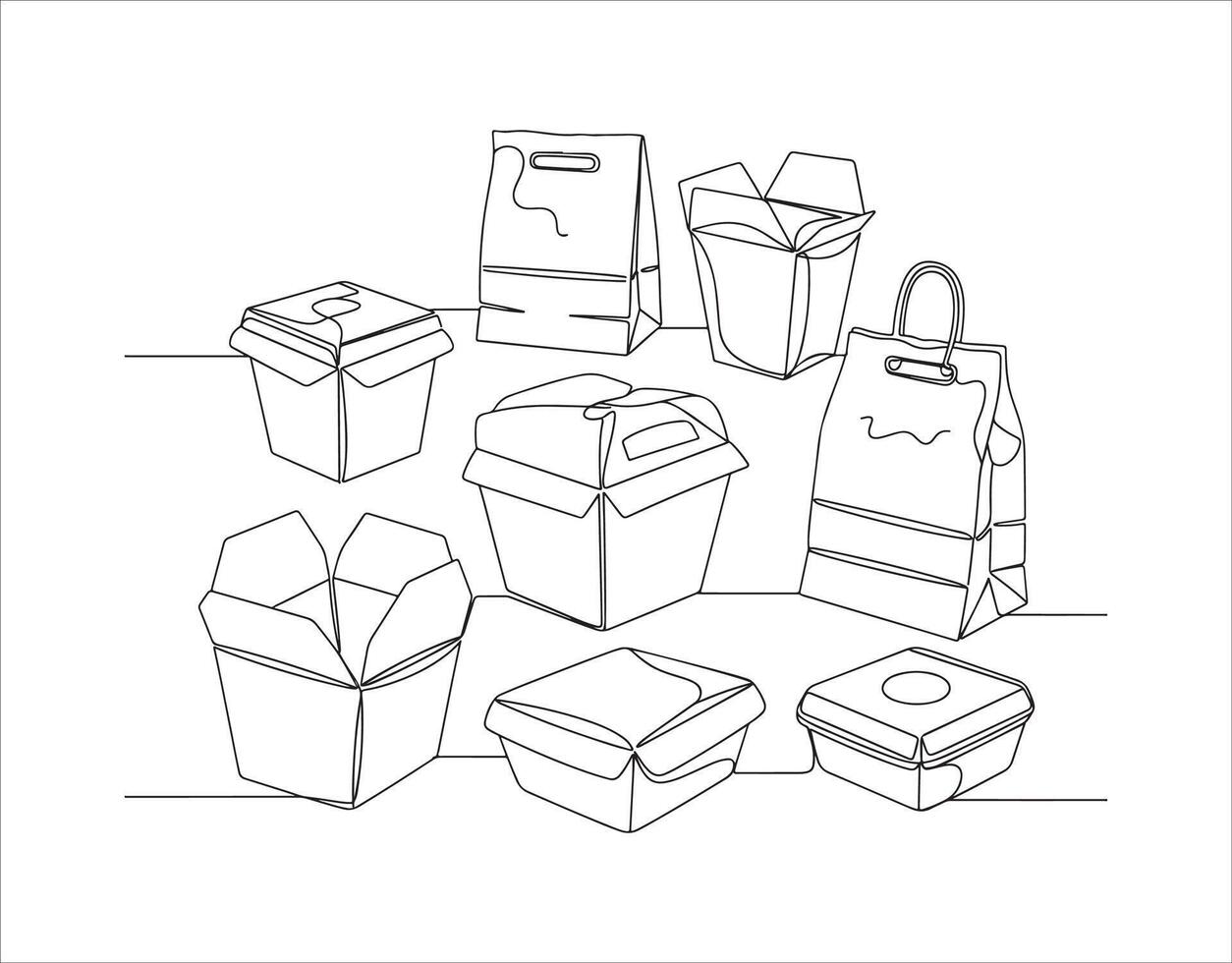 An assortment of to-go containers represented through a continuous line drawing. vector