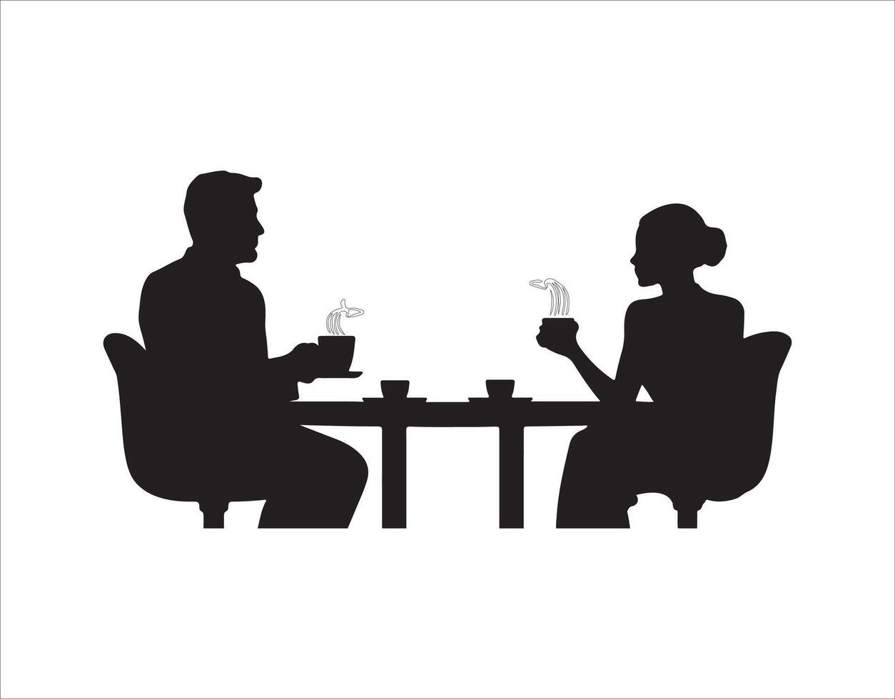 silhouettes of a business guy and a business gal sitting at a table, having coffee and chatting, with empty speech bubbles above them vector