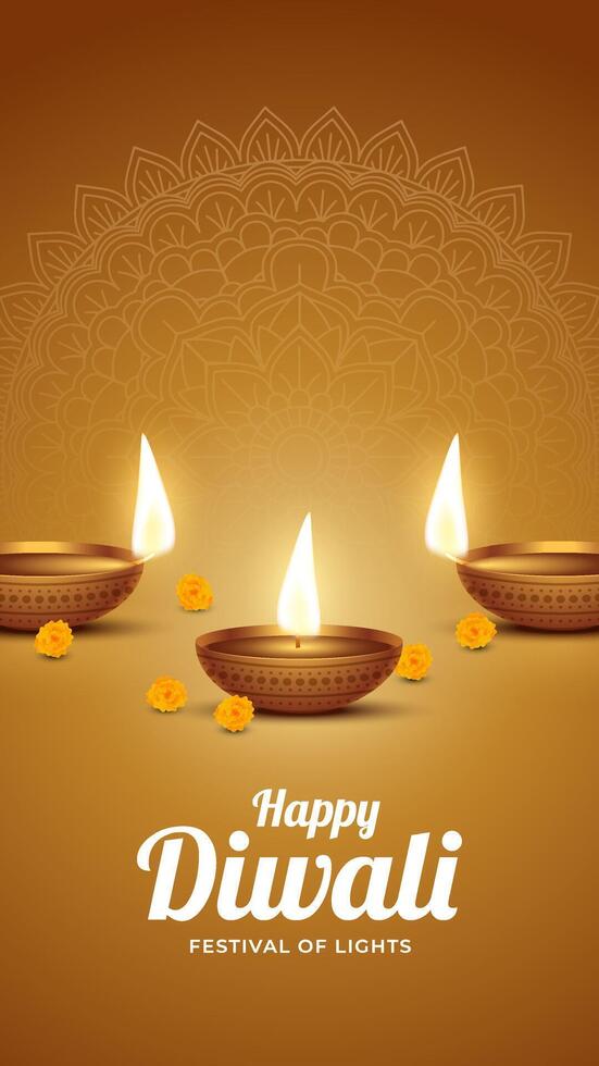 Diwali festival of lights background with diya lamps and flowers vector