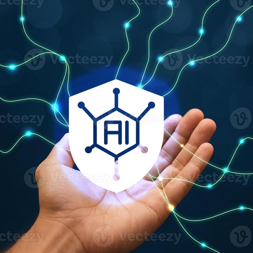 Holding Data Shield Representing Artificial Intelligence and Network photo