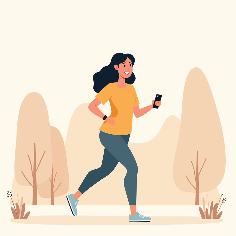 A female is doing work out with use smartphone and smartwatch at city park space vector