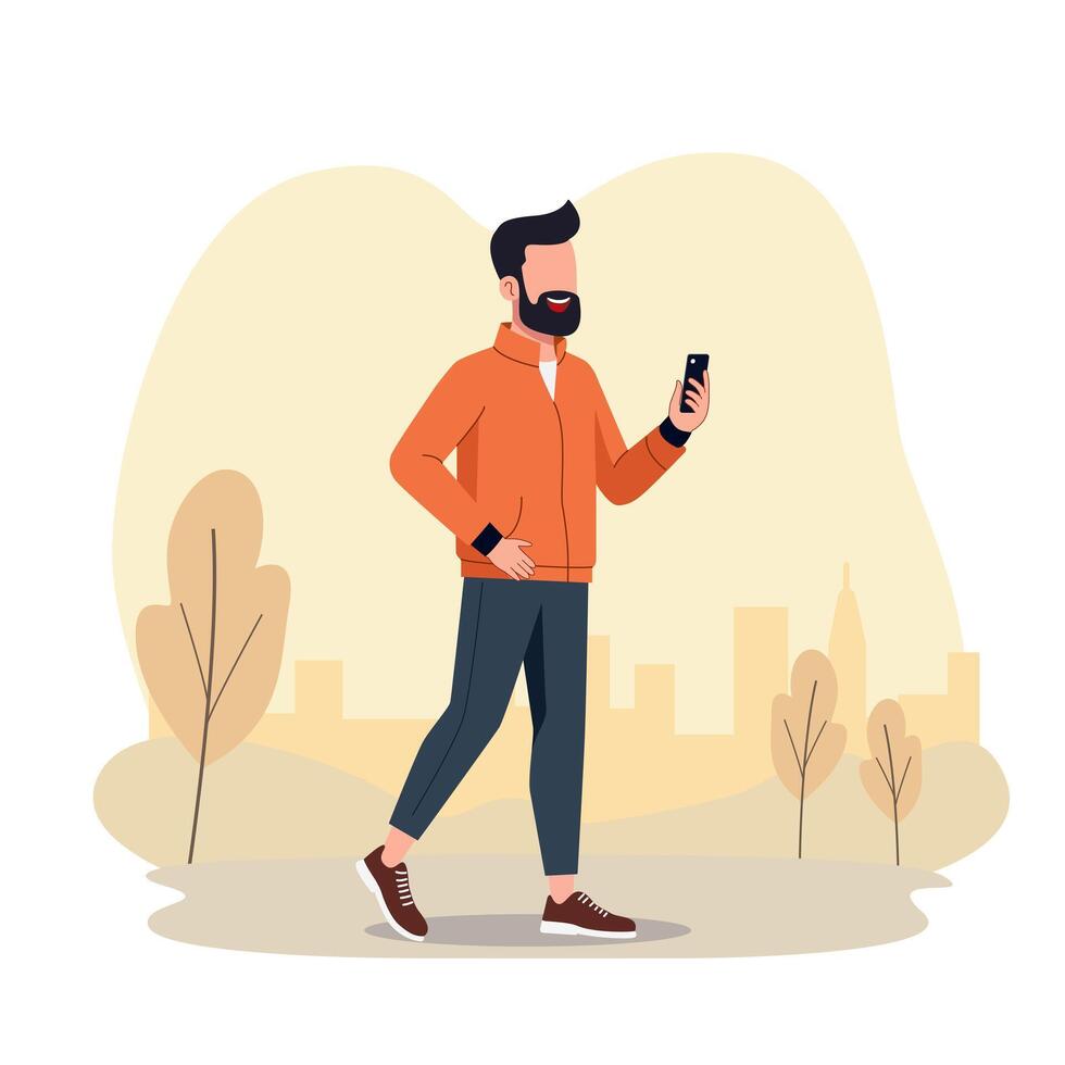 A man is doing sport with smart phone at the city park vector