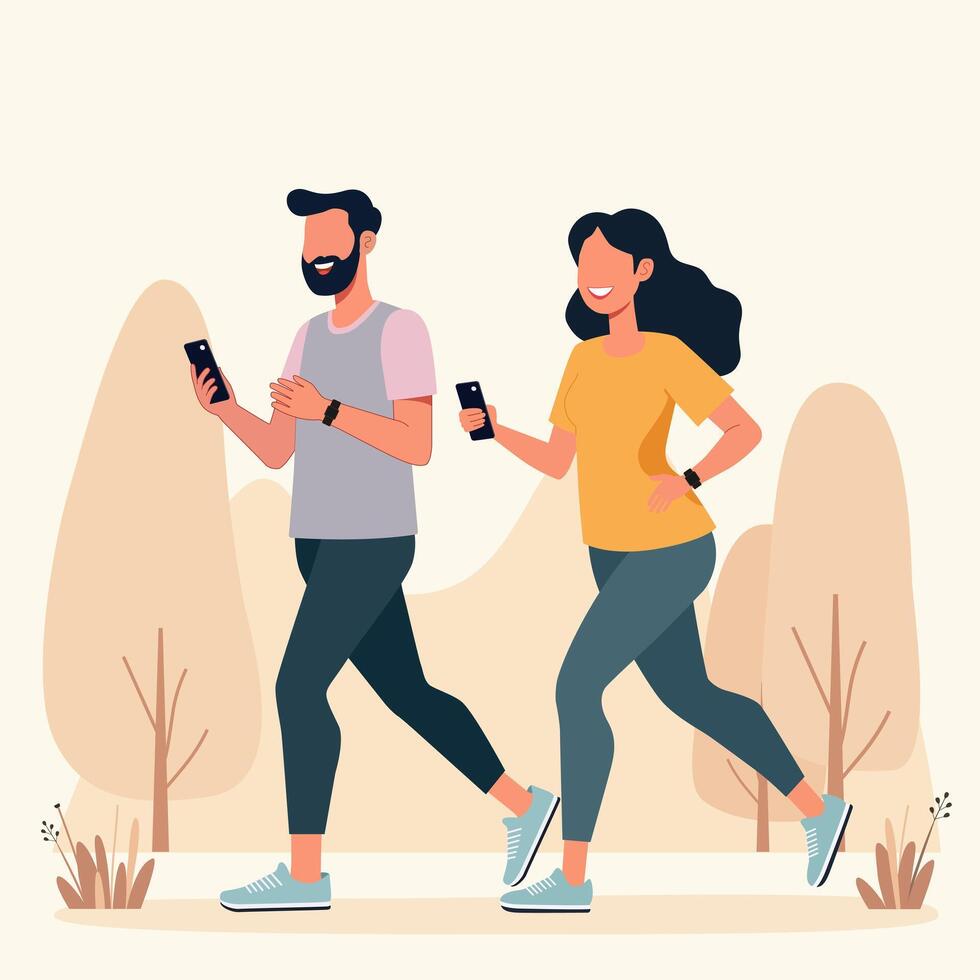 A male and female are doing work out with use smartphone and smartwatch at city park space vector