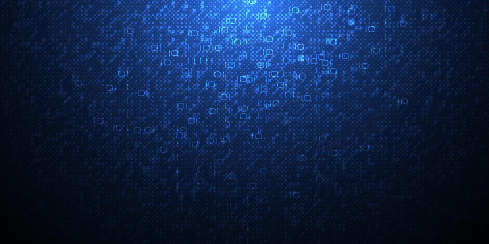 Illustration design. Blue matrix binary datum code, grid pixel pattern background. 0 and 1 numbers of program code. Digital data futuristic technology, computer software programming concept vector