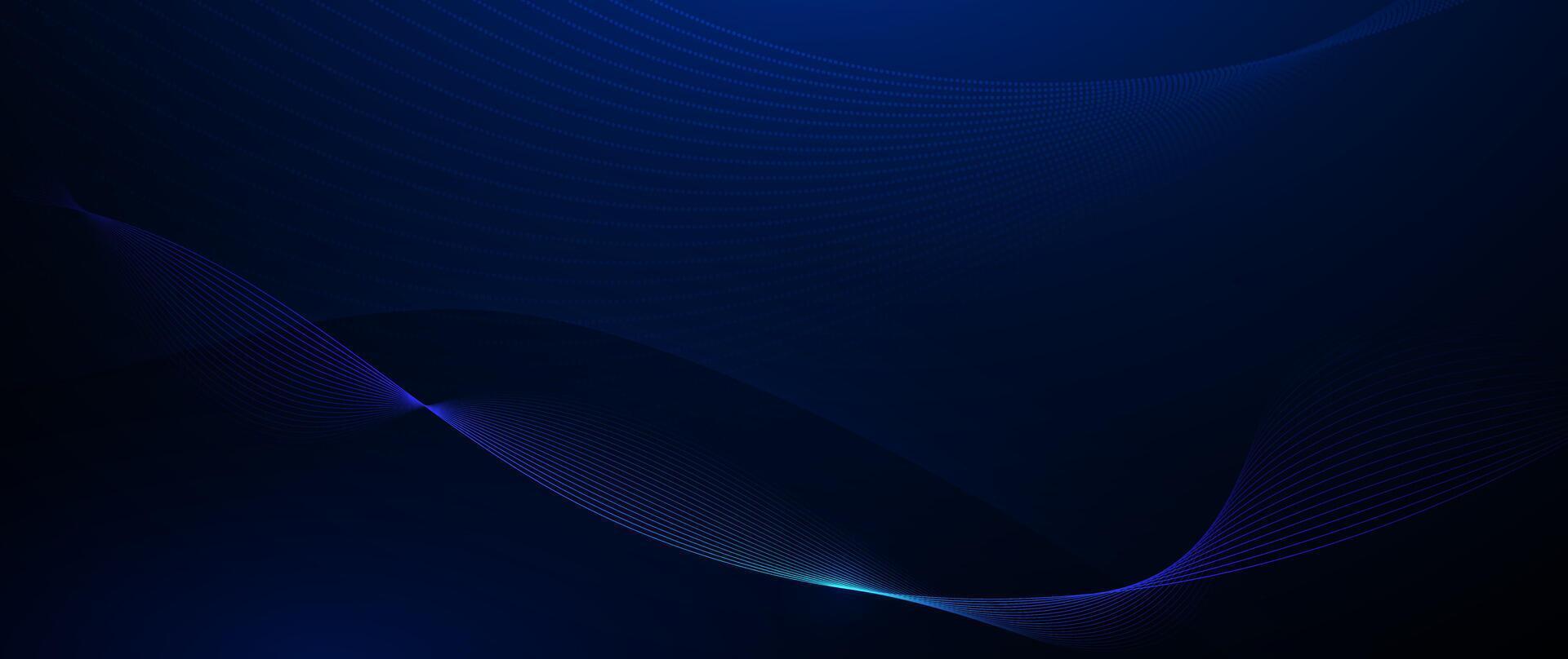 Abstract flowing wave line, particle dot pattern, neon light on dark blue gradient background. Modern futuristic design, particles wave data for background. Network technology concept vector
