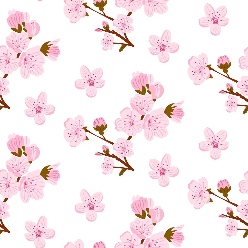 Cherry blossom floral pattern with delicate pink flowers and branches. Symbol of spring, renewal, beauty and the fleeting nature of life vector