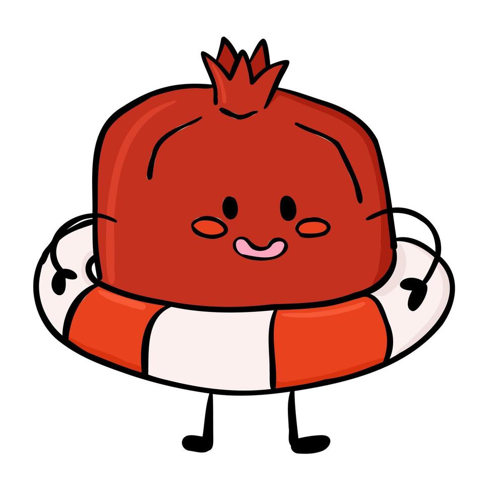 Cute hand drawn pomegranate character with a lifebuoy and cheerful face in kawaii style. Represents summer fun, fruit freshness and playful personality with a sweet vibe vector