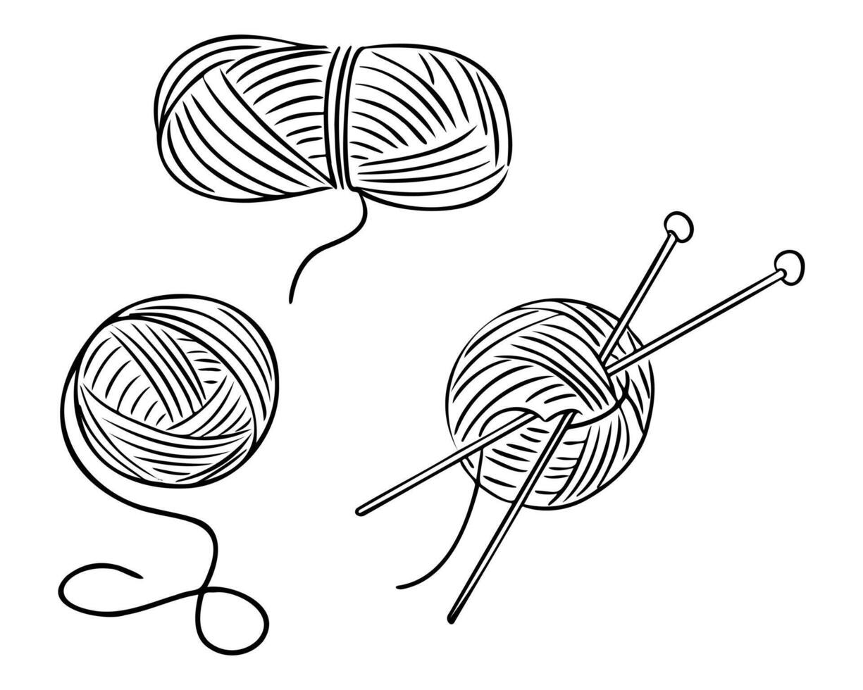 Knitting set with yarn balls and needles in a simple hand-drawn style. Concept reflects handmade crafting, coziness and traditional hobby vector