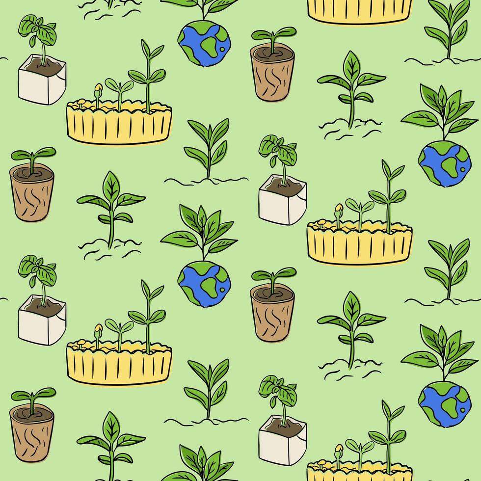 Seamless pattern with sprouts, seedlings, pots and earth globes on green background. Eco gardening and sustainability concept promoting growth and environmental care in hand drawn style vector