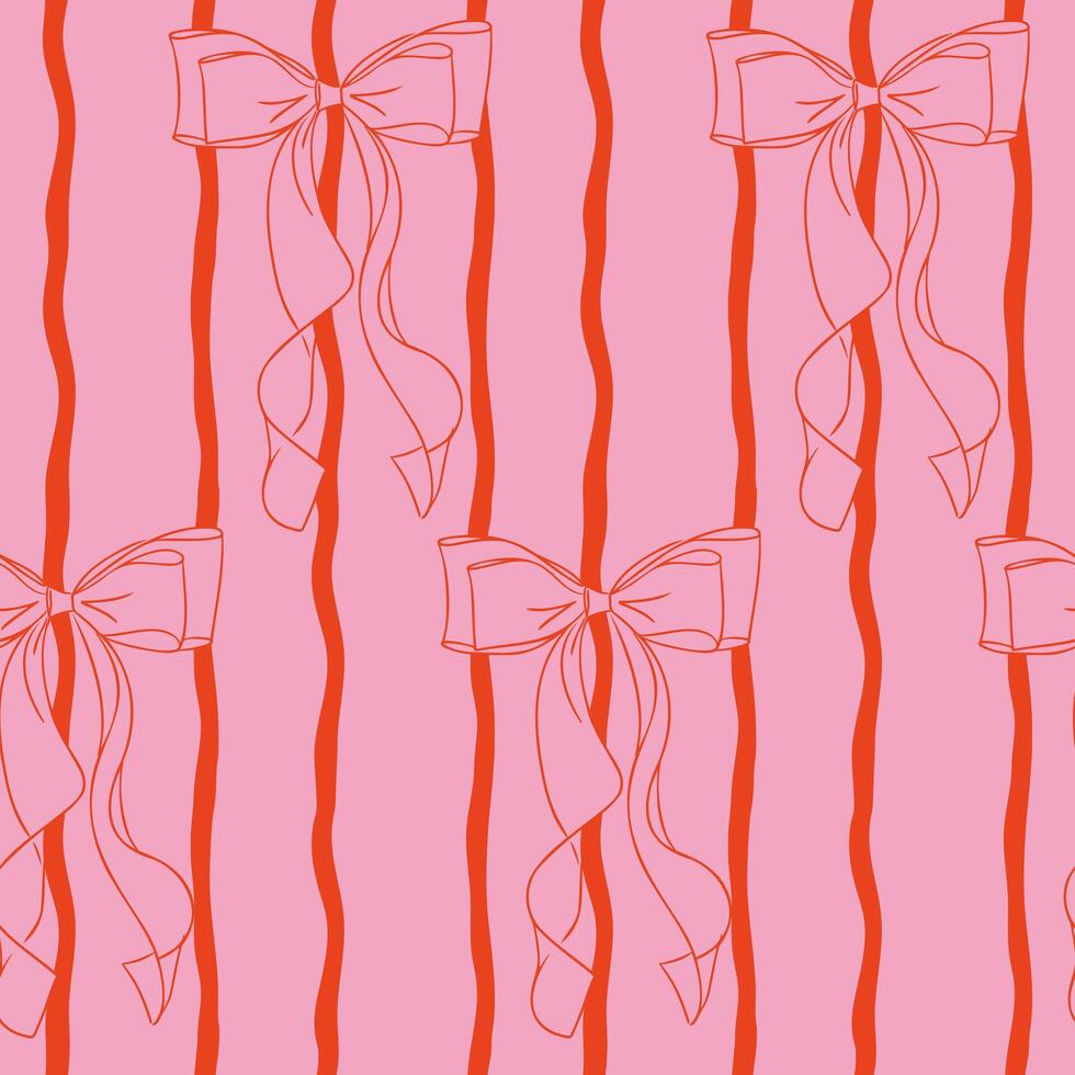 Seamless pattern of hand drawn bows and wavy vertical stripes in pink and red tones. Represents feminine charm, vintage elegance and decorative textile design vector