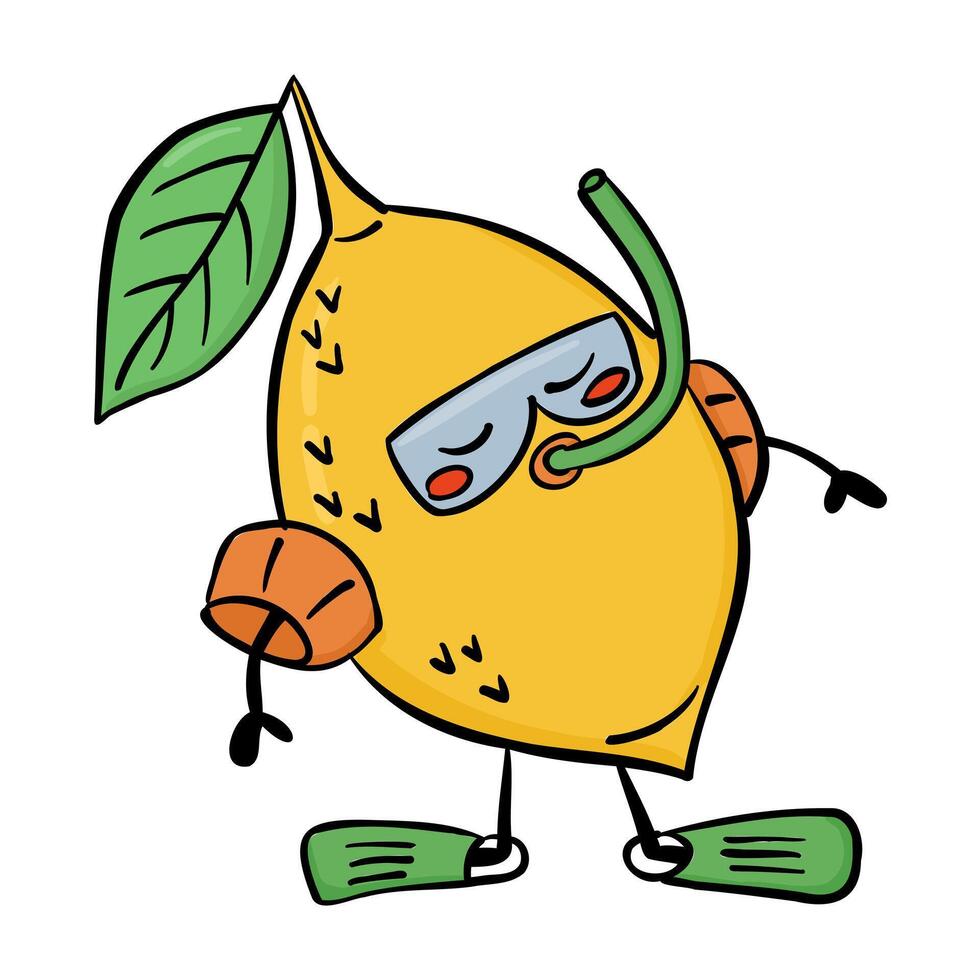 Cute hand drawn lemon character wearing snorkeling gear with a playful expression. Represents summer fun, tropical freshness and fruit-themed kawaii illustration vector