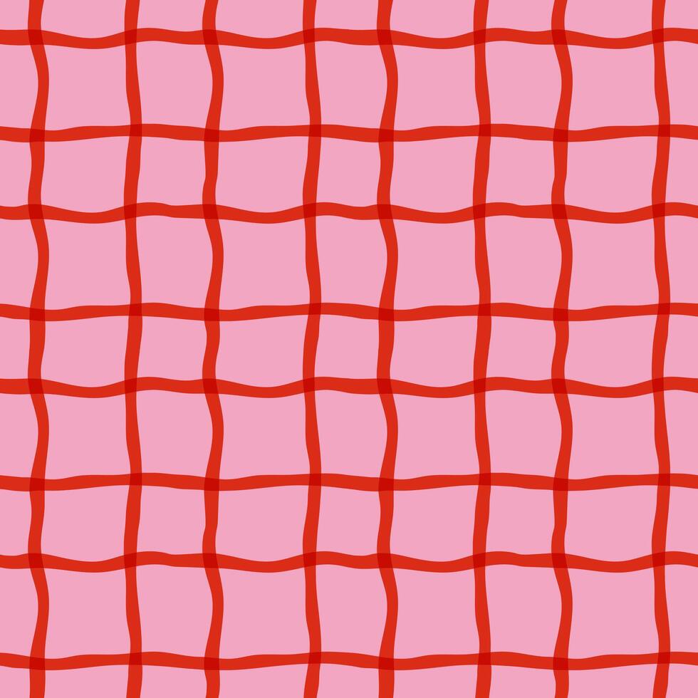 Wavy gingham-style seamless pattern in red and pink with hand drawn grid lines. Evokes a cozy cottagecore aesthetic with vintage charm and playful texture vector