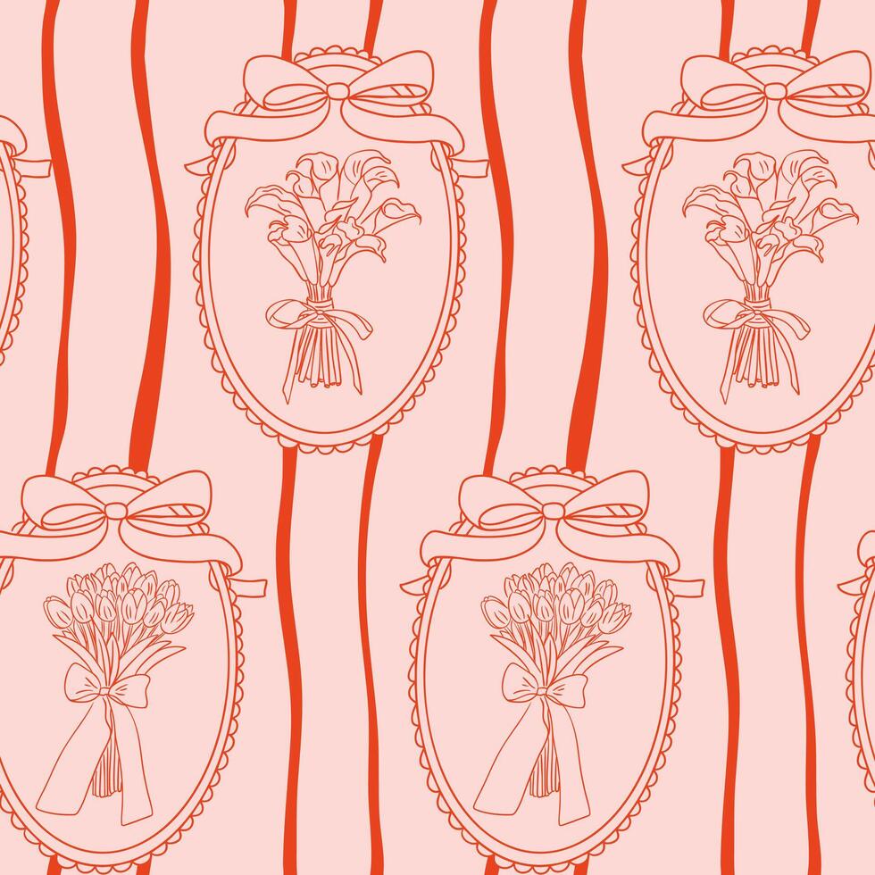 Romantic seamless pattern with hand drawn floral bouquets framed in bows and wavy stripes. Combines vintage charm and feminine elegance with decorative ornamental style vector