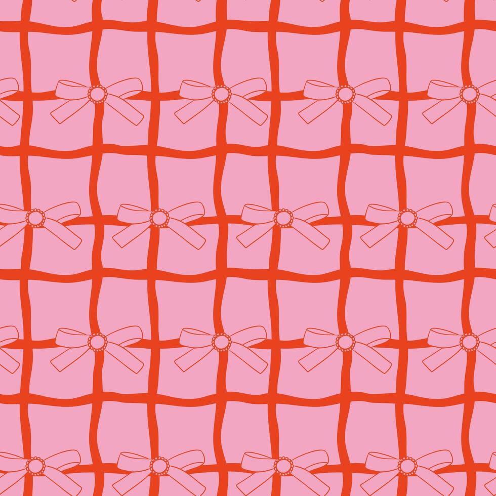 Seamless pattern with bows on a pink wavy checkered background in outline style. Concept conveys charm, elegance and a decorative romantic aesthetic vector