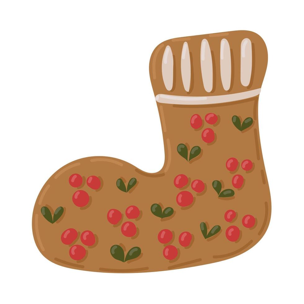 illustration of a Christmas cookie shaped like a stocking with icing and berry decorations on white background. Holiday and festive concept symbolizing warmth, tradition in hand drawn style vector