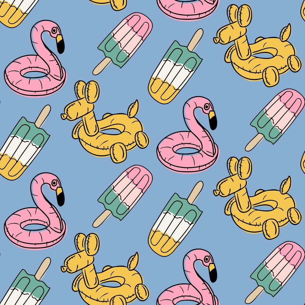 Playful seamless summer pattern with flamingo floats, ice pops and balloon animal tubes. Captures fun, relaxation and poolside vibes in a colorful seasonal design vector