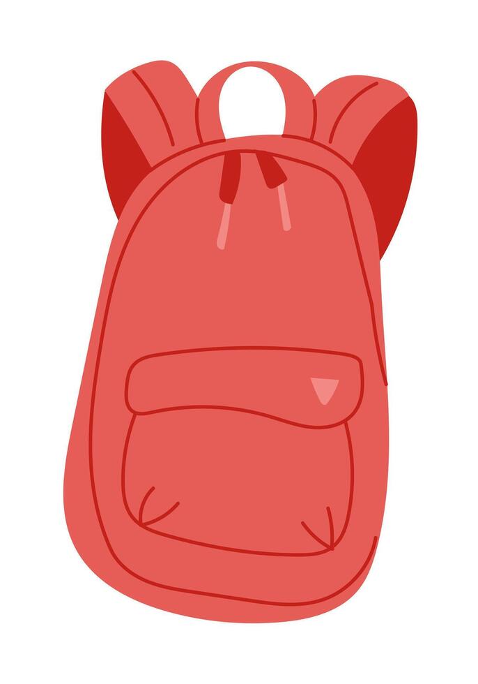 Minimal flat illustration of a red backpack with front pocket and top handle. Represents travel, school supplies and daily utility in simple modern design vector