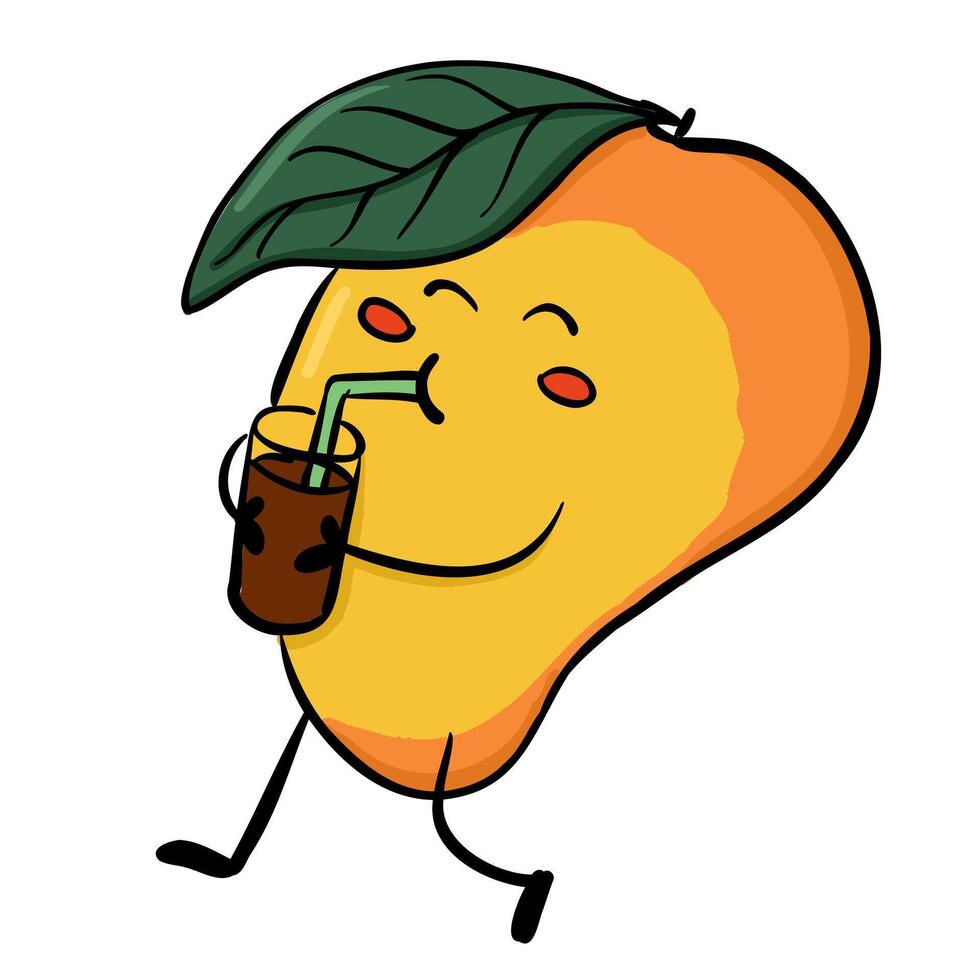 Cute mango character with leaf drinking juice through a straw in kawaii style. Concept represents tropical freshness, summer mood and playful fruity fun vector