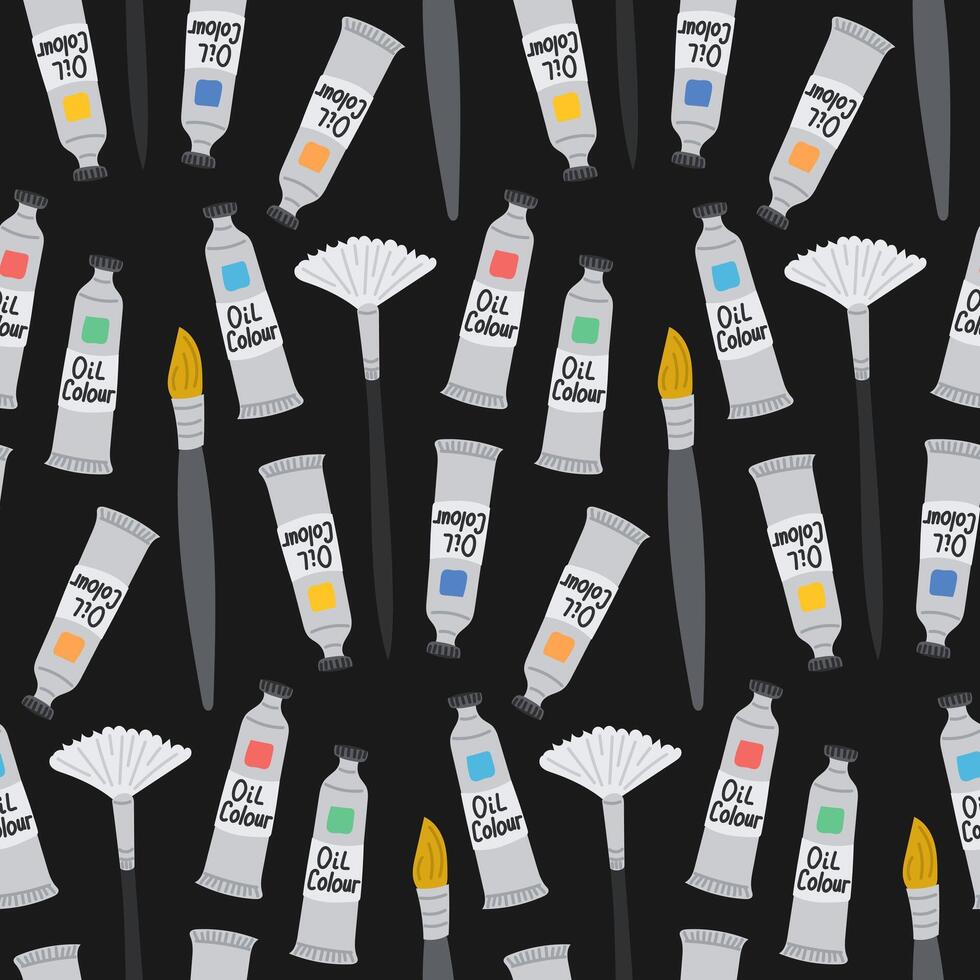 Seamless pattern with oil paint tubes and artist brushes on black background. Artistic creation and painters tools concept in a bold hand drawn style vector