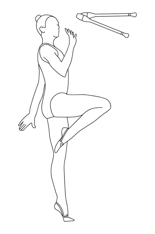 Young girl professional rhythmic gymnast performing exercises with clubs. Doodle style. Hand drawn illustration isolated on white. vector