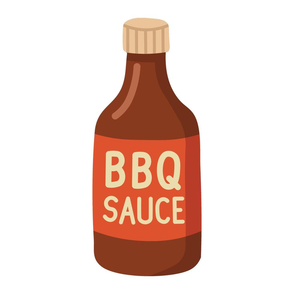 Glass bottle of barbecue sauce with red label and beige cap, drawn in flat cartoon style. vector