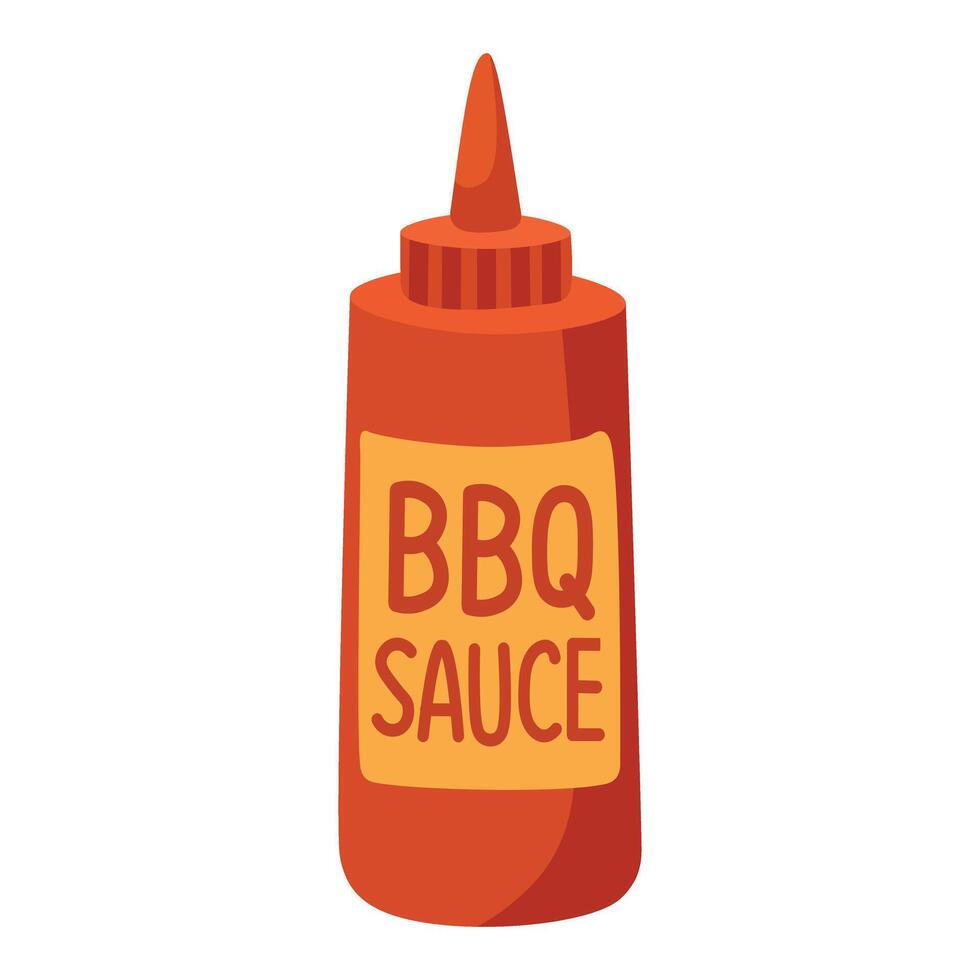Red squeeze bottle of barbecue sauce with yellow label, drawn in flat cartoon style. vector