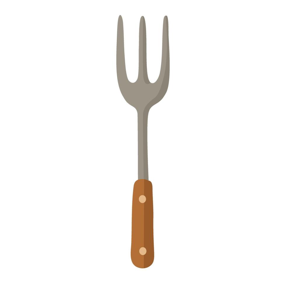 Metal grill fork with wooden handle, simple cartoon style on white background. vector