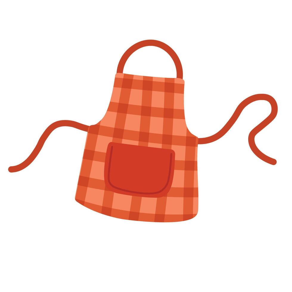 Red checkered apron with pocket, drawn in flat cartoon style, isolated on white background. vector