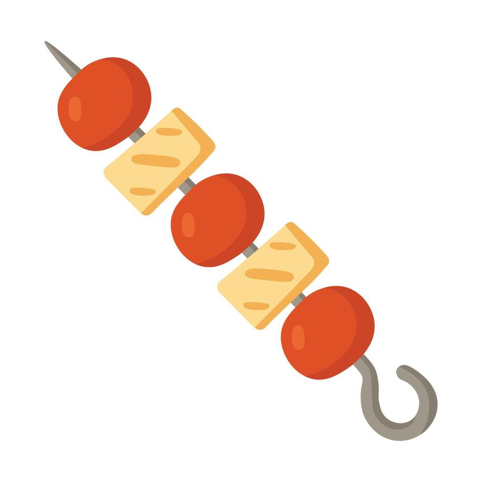 Grilled skewer with meat and vegetables in soft cartoon flat style on white background. vector