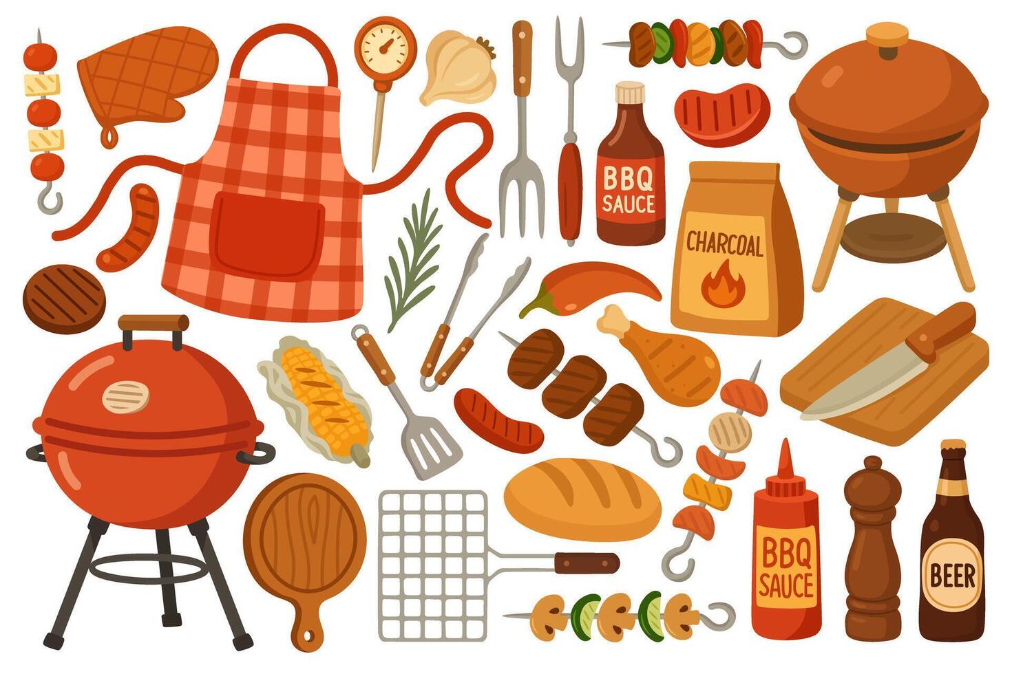 Collection of colorful barbecue elements in flat cartoon style, ideal for summer cookout design. vector