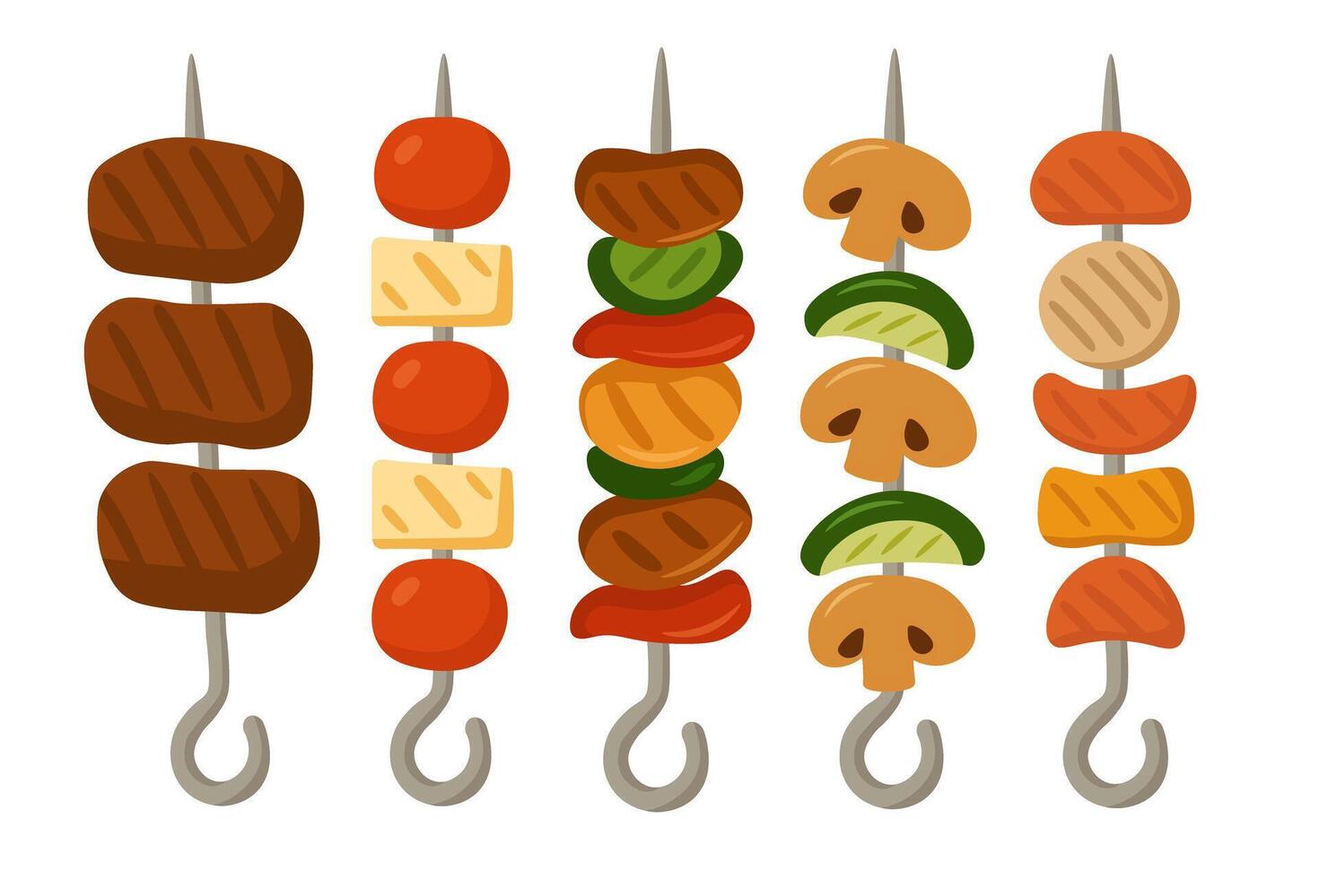 Colorful grilled skewers with vegetables and meat in soft cartoon flat style on white background. vector