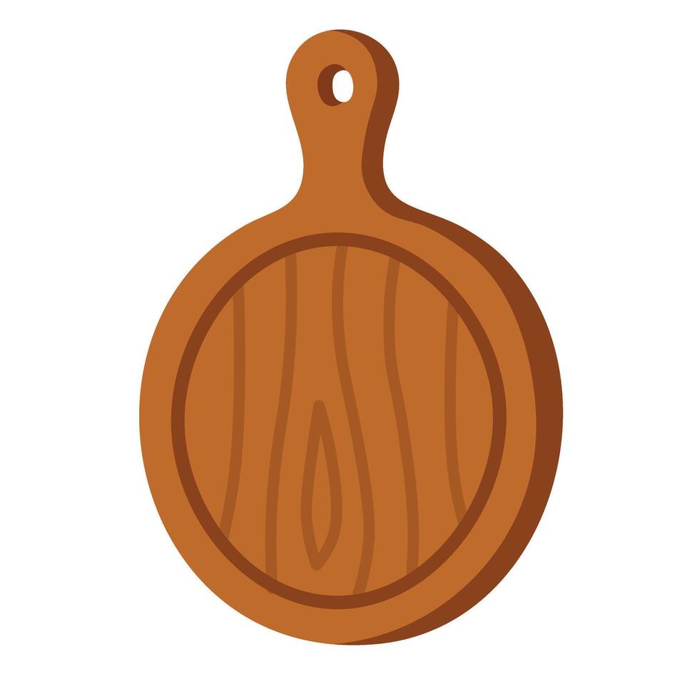 Round wooden cutting board with handle and wood texture, drawn in flat cartoon style. vector