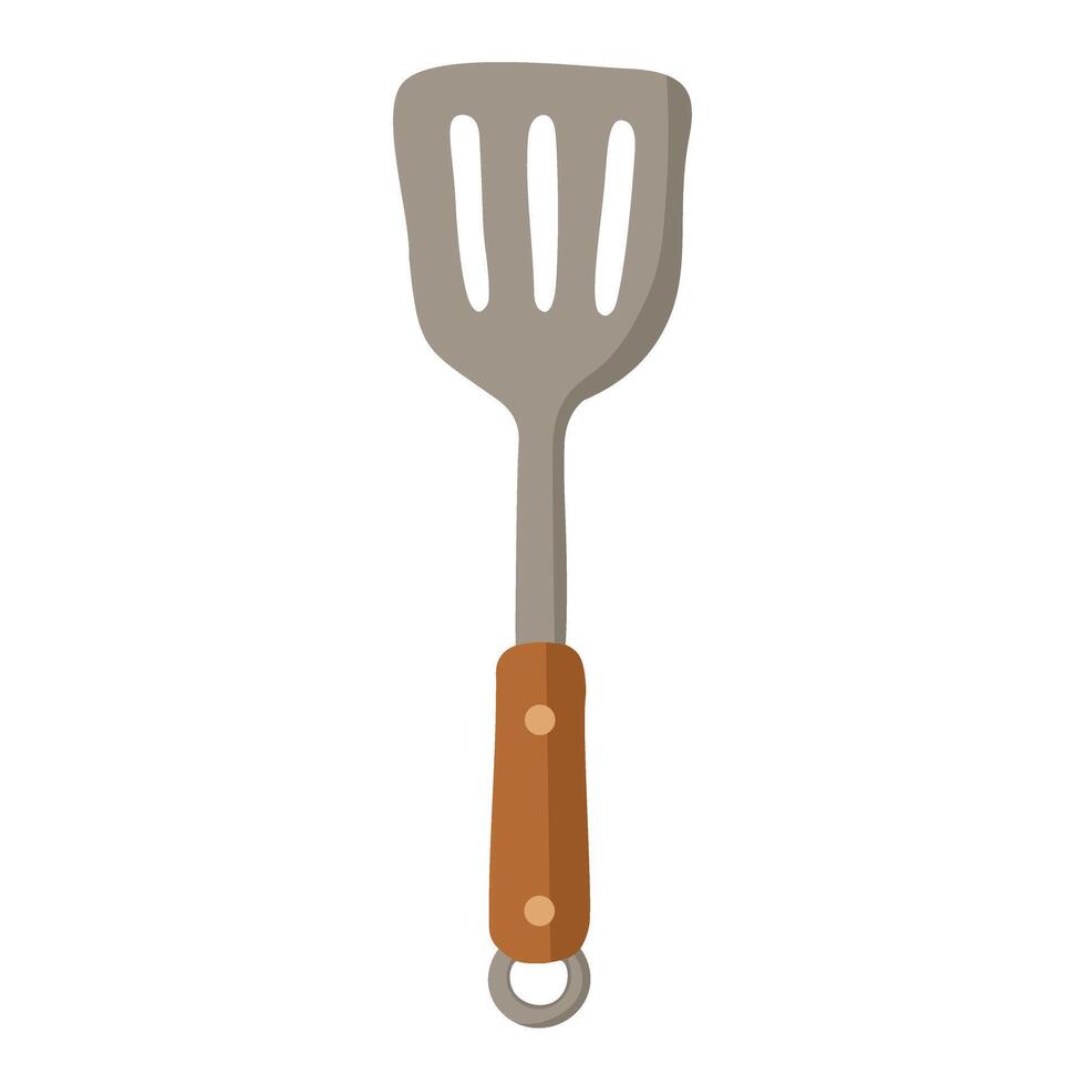 Metal spatula with wooden handle and loop, drawn in flat cartoon style. vector