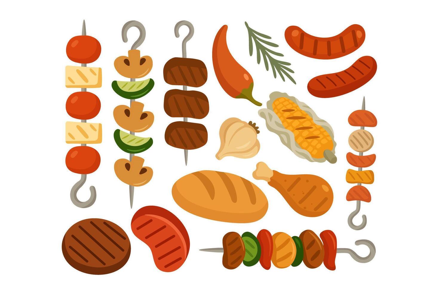 Set of barbecue elements including grilled skewers, meat, bread, vegetables and spicy ingredients. vector