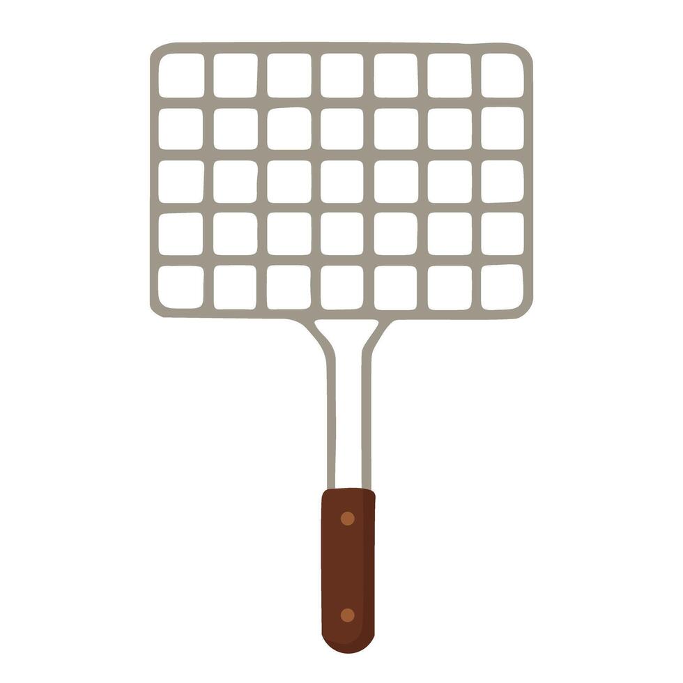 Metal barbecue grill grid with brown handle, drawn in flat cartoon style, isolated on white. vector
