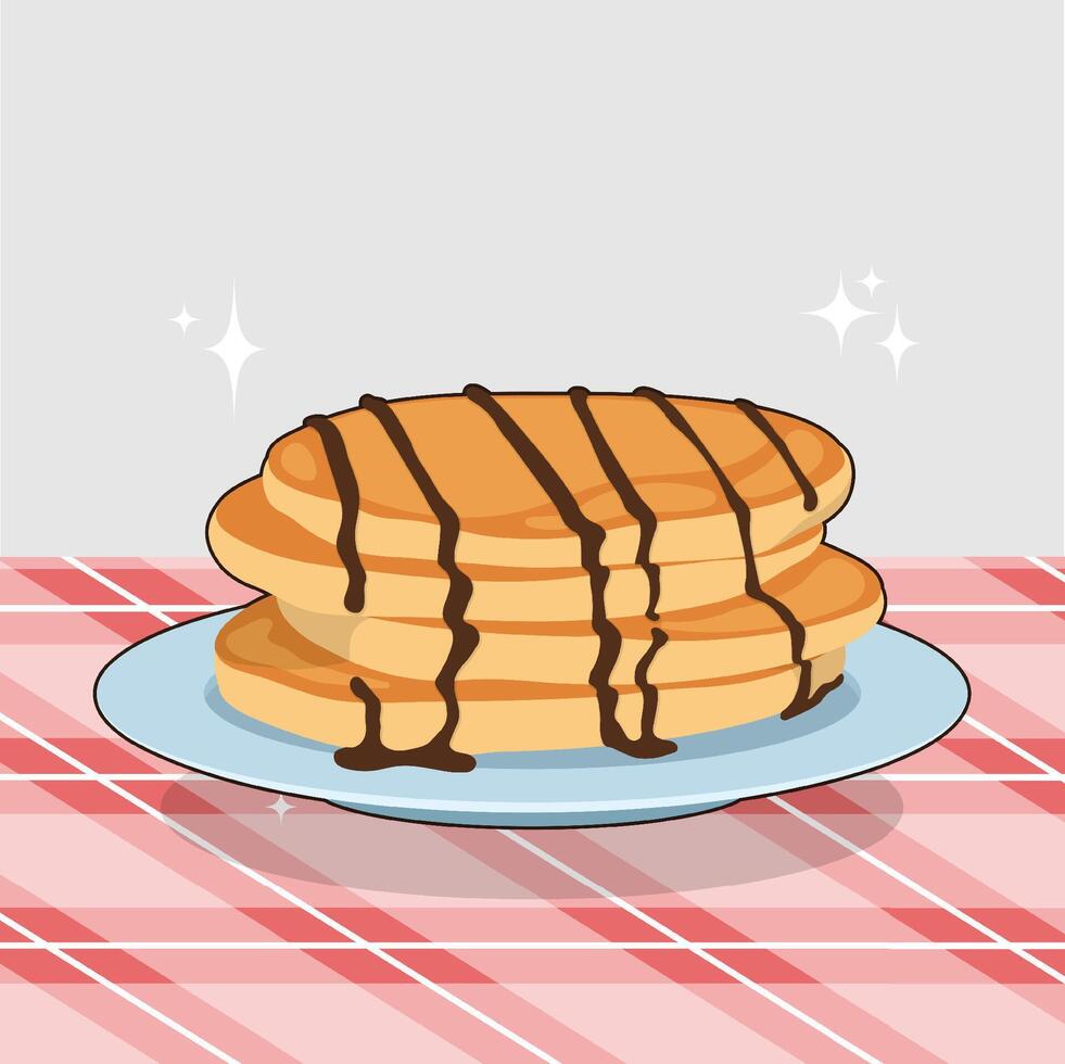 Stack of three pancakes covered in chocolate syrup on a blue plate set on a red white checkered tablecloth vector
