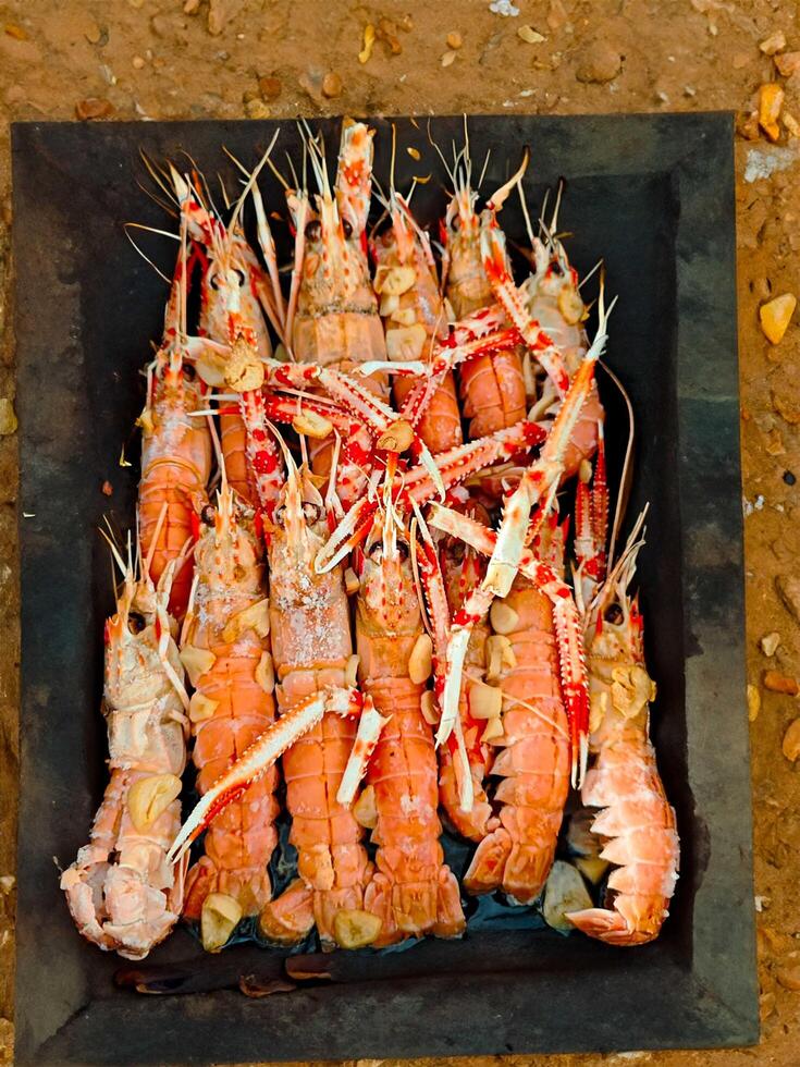 Fresh crayfish roasted using the rustic method on the ground photo