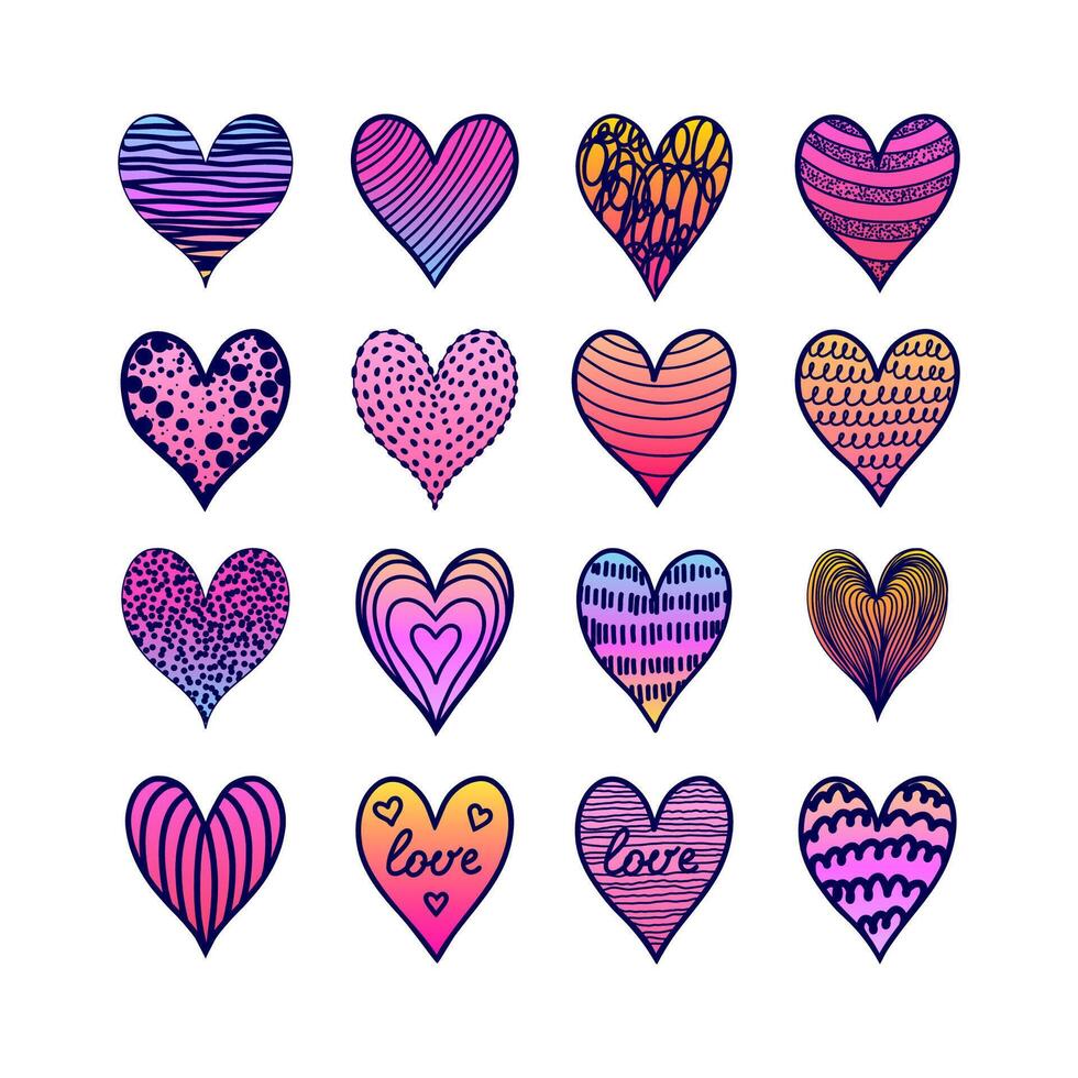 Collection of hand drawn gradient hearts in doodle style on white background. vector