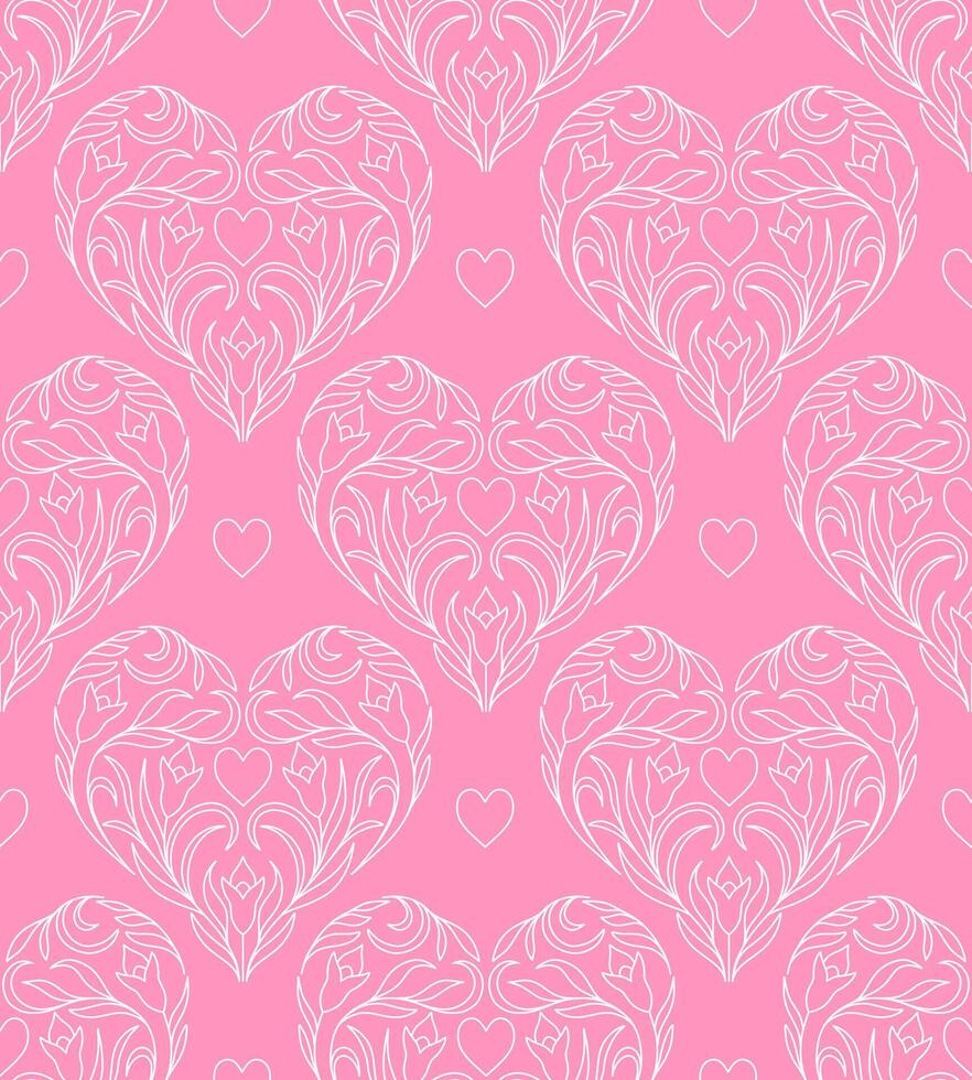 Seamless pattern with white floral heart on pink background. vector